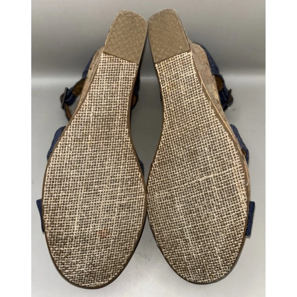 TOMS Sienna Cork Wedge Sandal Women Size 10 Blue Denim Strappy Open Toe Buckle